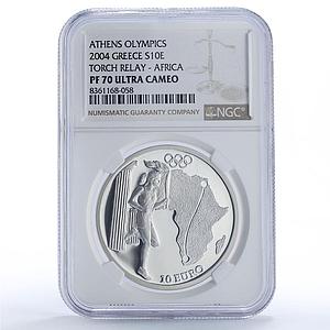 Greece 10 euro Olympics Torch Relay Athens Africa PF70 NCG silver coin 2004