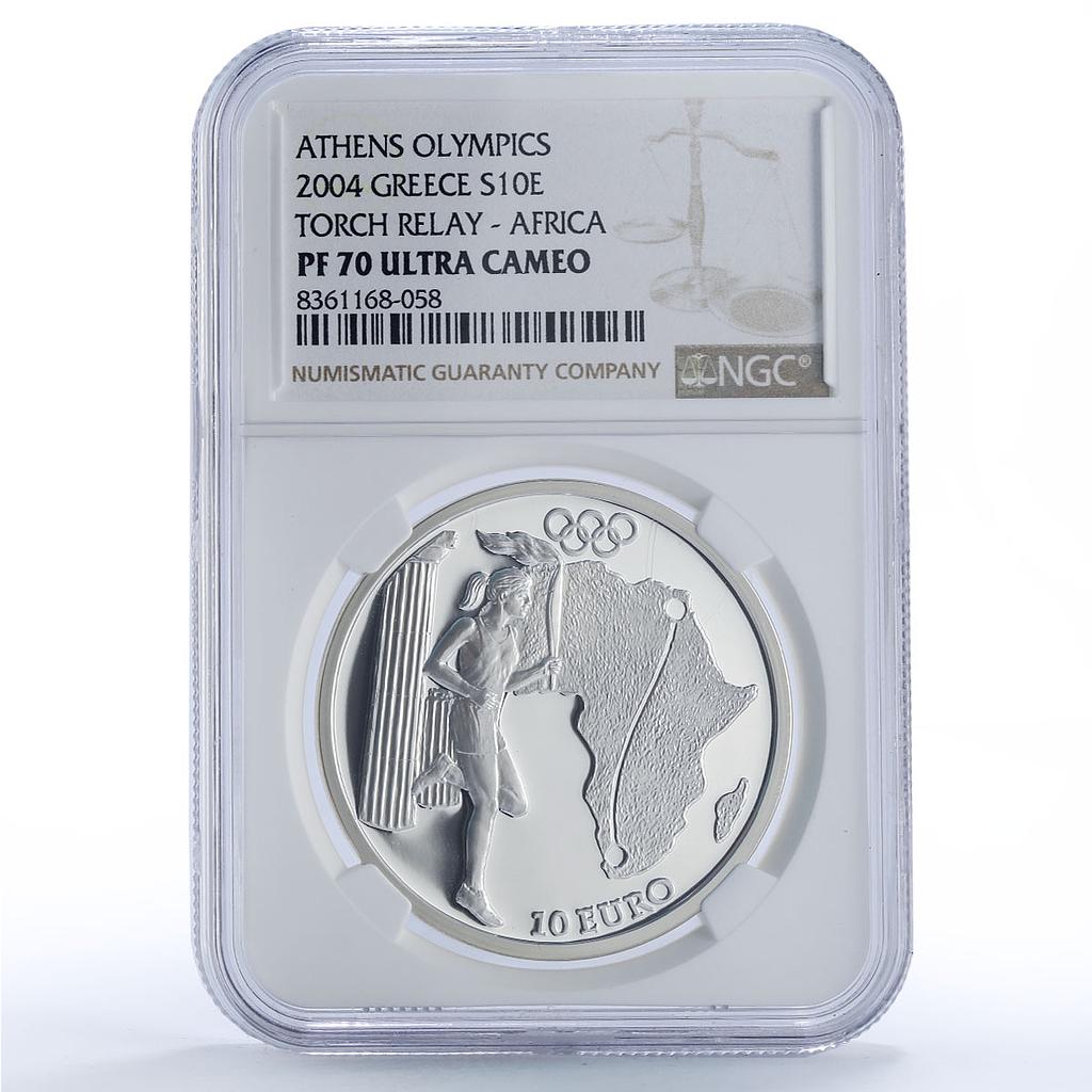 Greece 10 euro Olympics Torch Relay Athens Africa PF70 NCG silver coin 2004