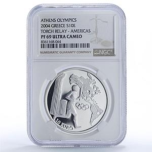 Greece 10 euro Olympics Torch Relay Athens Americas PF69 NGC silver coin 2004