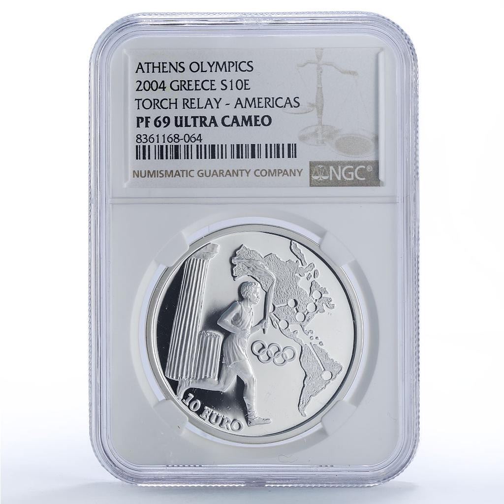 Greece 10 euro Olympics Torch Relay Athens Americas PF69 NCG silver coin 2004