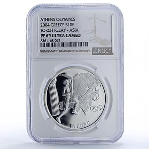 Greece 10 euro Olympics Torch Relay Athens Asia PF69 NCG silver coin 2004