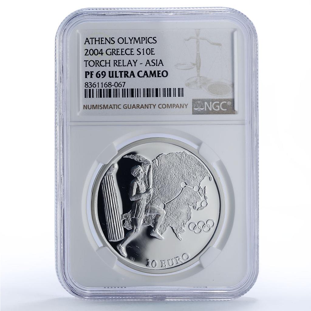 Greece 10 euro Olympics Torch Relay Athens Asia PF69 NCG silver coin 2004