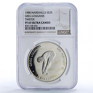 Marshall Islands 25 dollars Greg Louganis Twister PF69 NGC silver coin 1988