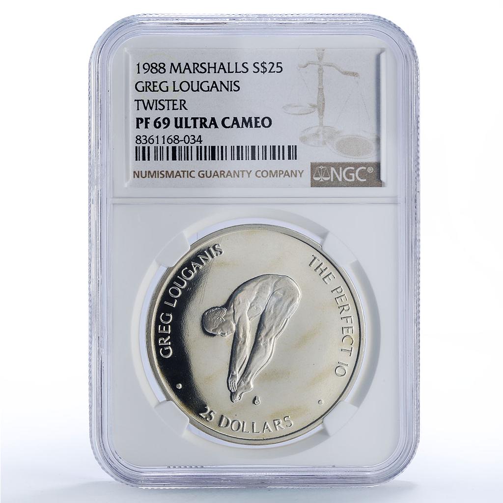 Marshall Islands 25 dollars Greg Louganis Twister PF69 NGC silver coin 1988