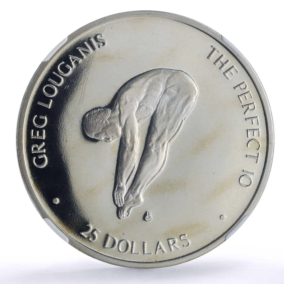 Marshall Islands 25 dollars Greg Louganis Twister PF69 NGC silver coin 1988