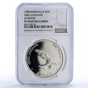 Marshall Islands 25 dollars Greg Louganis Jackknife PF68 NGC silver coin 1988