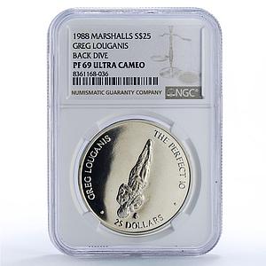 Marshall Islands 25 dollars Greg Louganis Back Dive PF69 NGC silver coin 1988