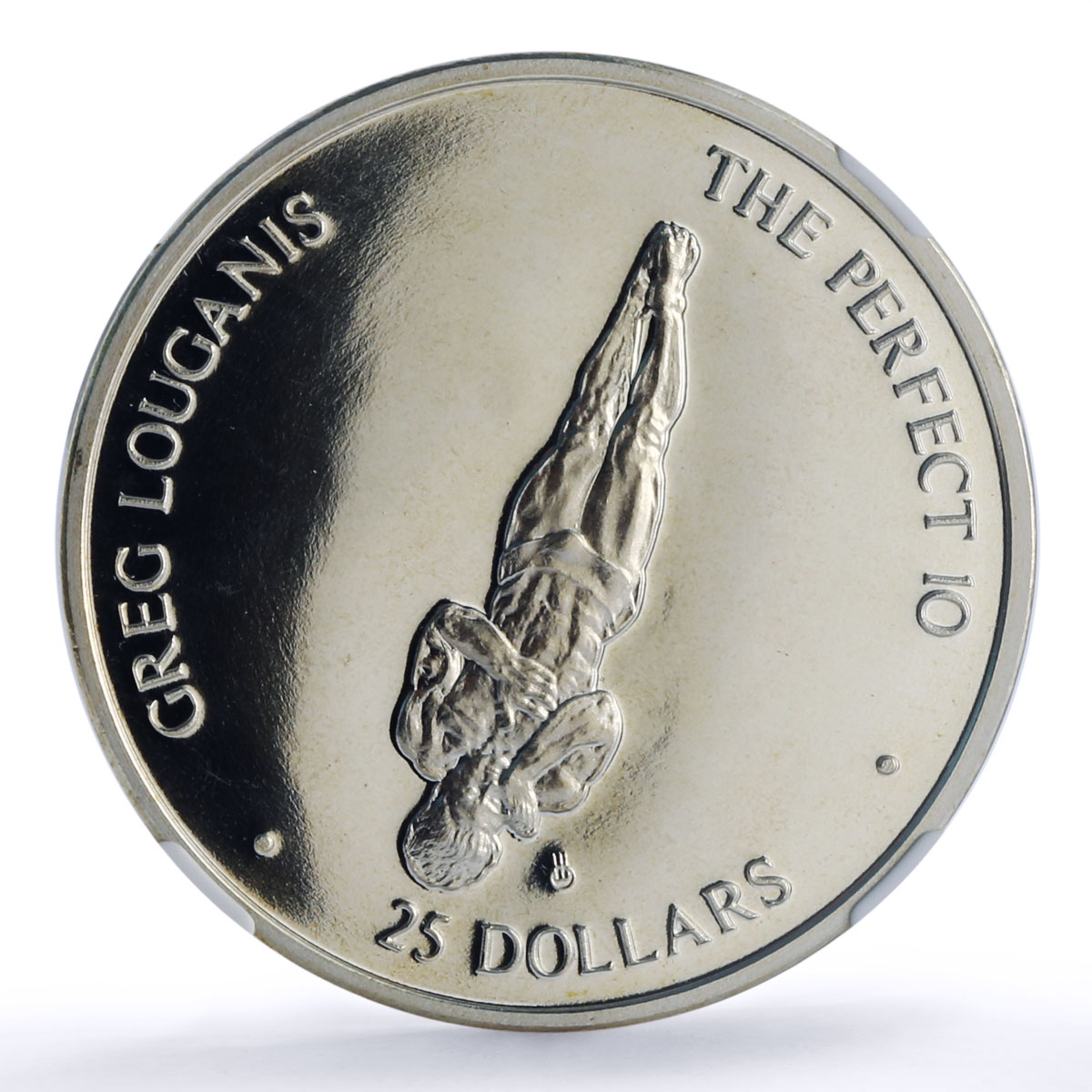 Marshall Islands 25 dollars Greg Louganis Back Dive PF69 NGC silver coin 1988