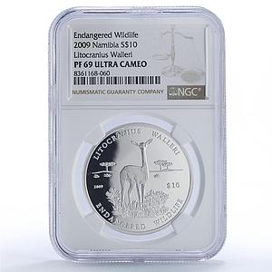 Namibia 10 dollars Litocranius Walleri Wildlife Fauna PF69 NGC silver coin 2009