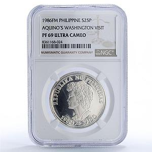 Philippines 25 piso Reagan Aquino Visit Politics PF69 NGC silver coin 1986