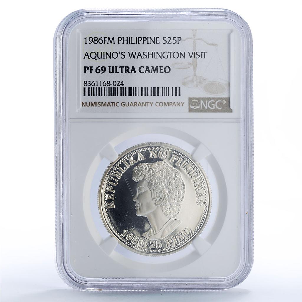 Philippines 25 piso Reagan Aquino Visit Politics PF69 NGC silver coin 1986