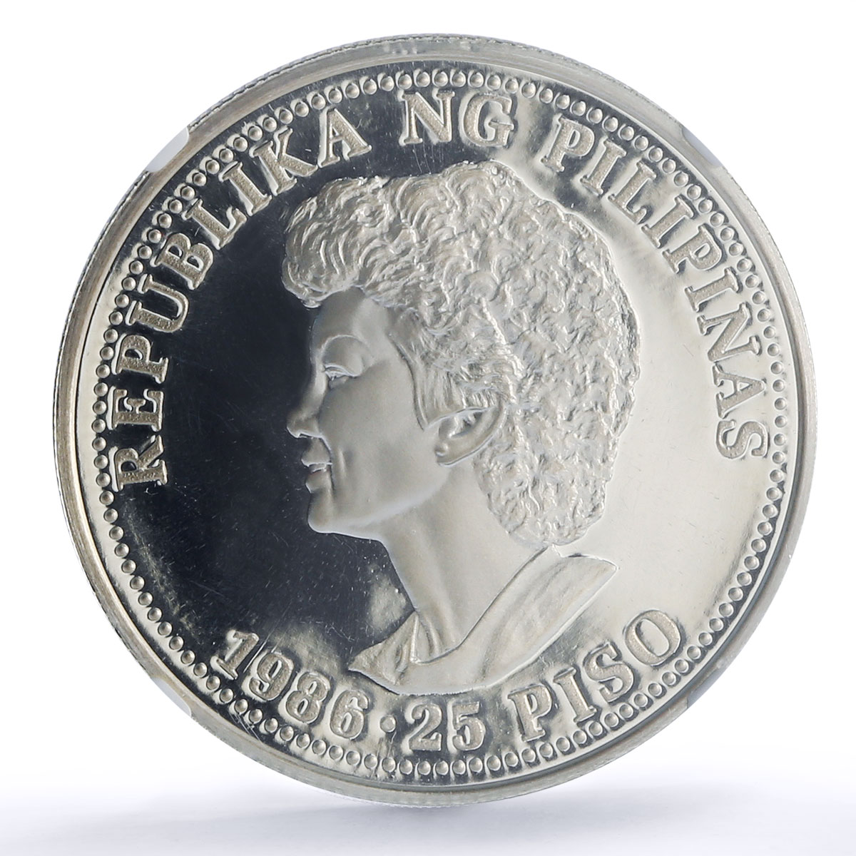 Philippines 25 piso Reagan Aquino Visit Politics PF69 NGC silver coin 1986
