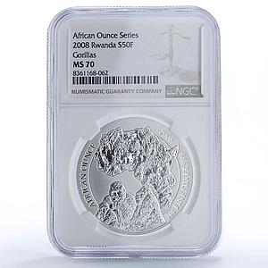 Rwanda 50 francs Gorilla African Ounce Wildlife Fauna MS70 NGC silver coin 2008