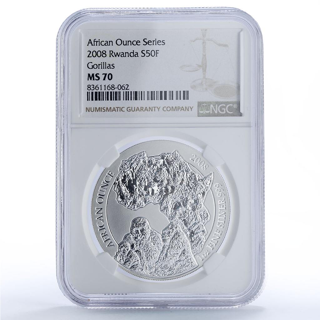 Rwanda 50 francs Gorilla African Ounce Wildlife Fauna MS70 NGC silver coin 2008