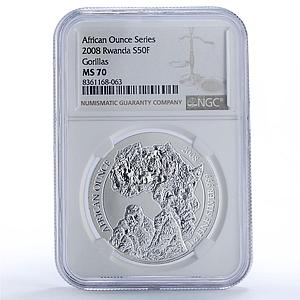Rwanda 50 francs Gorilla African Ounce Wildlife Fauna MS70 NGC silver coin 2008