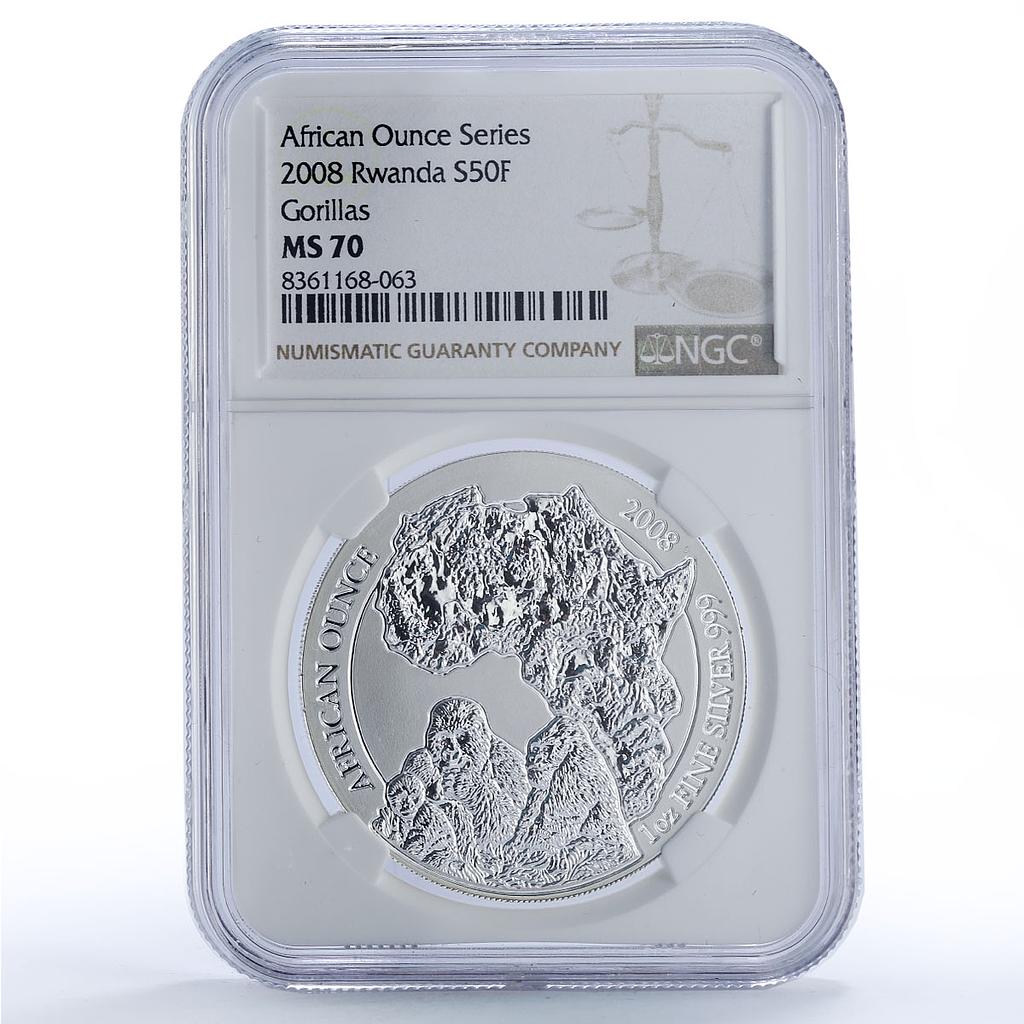 Rwanda 50 francs Gorilla African Ounce Wildlife Fauna MS70 NGC silver coin 2008