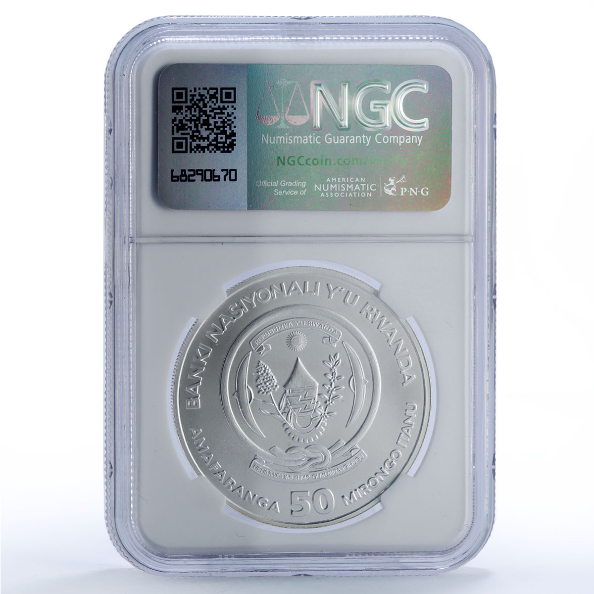 Rwanda 50 francs Gorilla African Ounce Wildlife Fauna MS70 NGC silver coin 2008