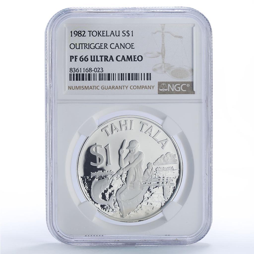 Tokelau 1 tala Man and Child Fishing Boat Ship PF66 NGC silver coin 1982
