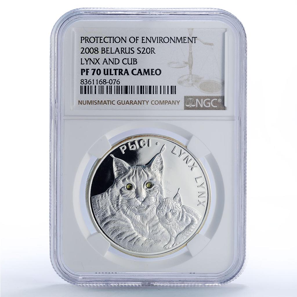 Belarus 20 roubles Lynxes Protection Wildlife Fauna PF70 NGC silver coin 2008