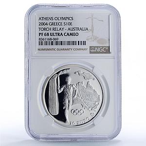 Greece 10 euro Olympics Torch Relay Athens Australia PF68 NGC silver coin 2004