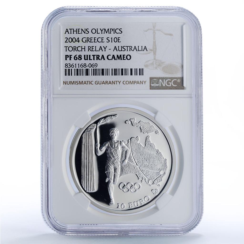 Greece 10 euro Olympics Torch Relay Athens Australia PF68 NGC silver coin 2004