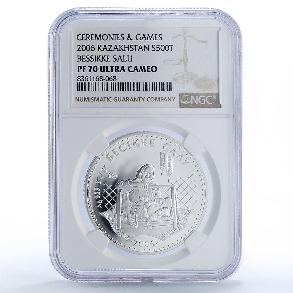 Kazakhstan 500 tenge Bessikke Salu Customs Games PF70 NGC silver coin 2006