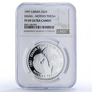 Liberia 20 dollars Princess Diana Teresa Politics PF69 NGC silver coin 1997