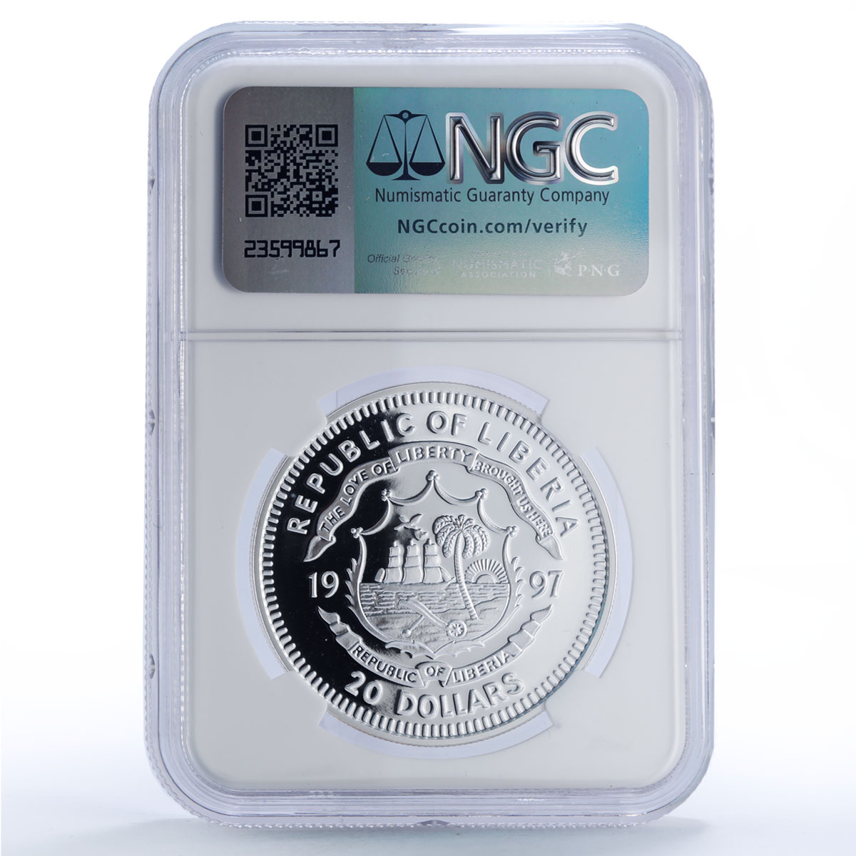 Liberia 20 dollars Princess Diana Teresa Politics PF69 NGC silver coin 1997