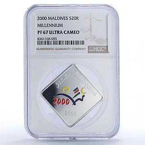 Maldives 20 rufiyaa Millennium PF67 NGC silver coin 2000