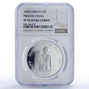 Samoa 10 tala Princess Diana w/ Child History Politics PF70 NGC silver coin 1998