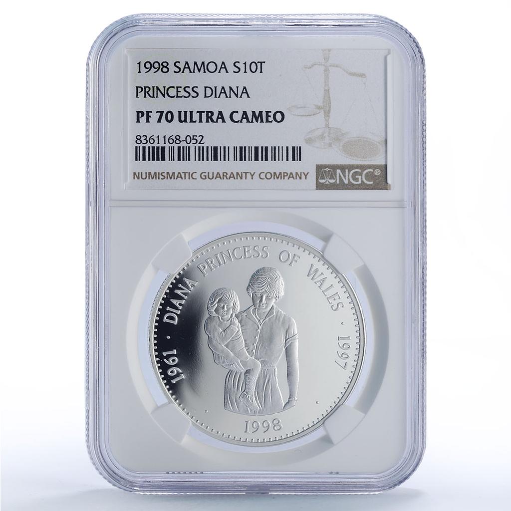 Samoa 10 tala Princess Diana w/ Child History Politics PF70 NGC silver coin 1998