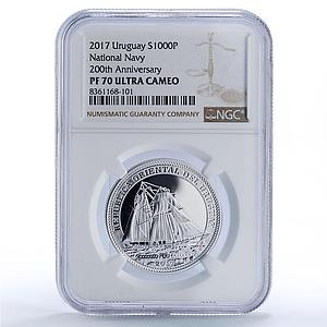 Uruguay 1000 peso National Navy Ship Clipper Seafaring PF70 NGC silver coin 2017