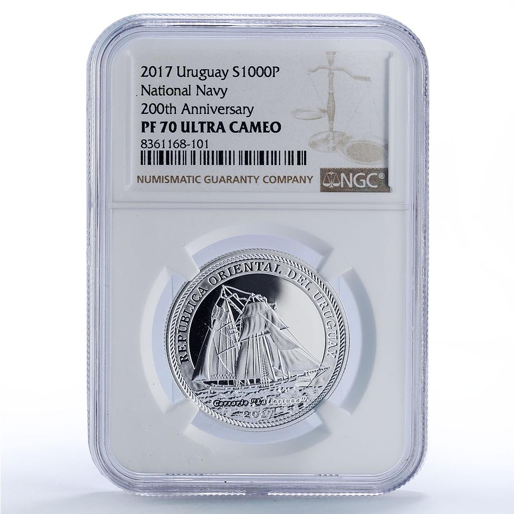 Uruguay 1000 peso National Navy Ship Clipper Seafaring PF70 NGC silver coin 2017