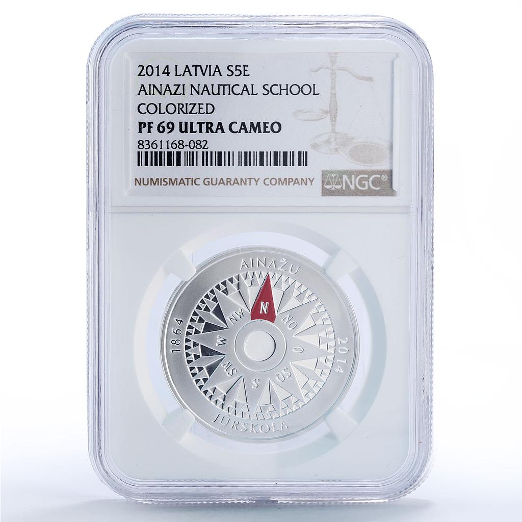 Latvia 5 euro Ainazi Nautical School Ship Seafaring PF69 NGC silver coin 2013