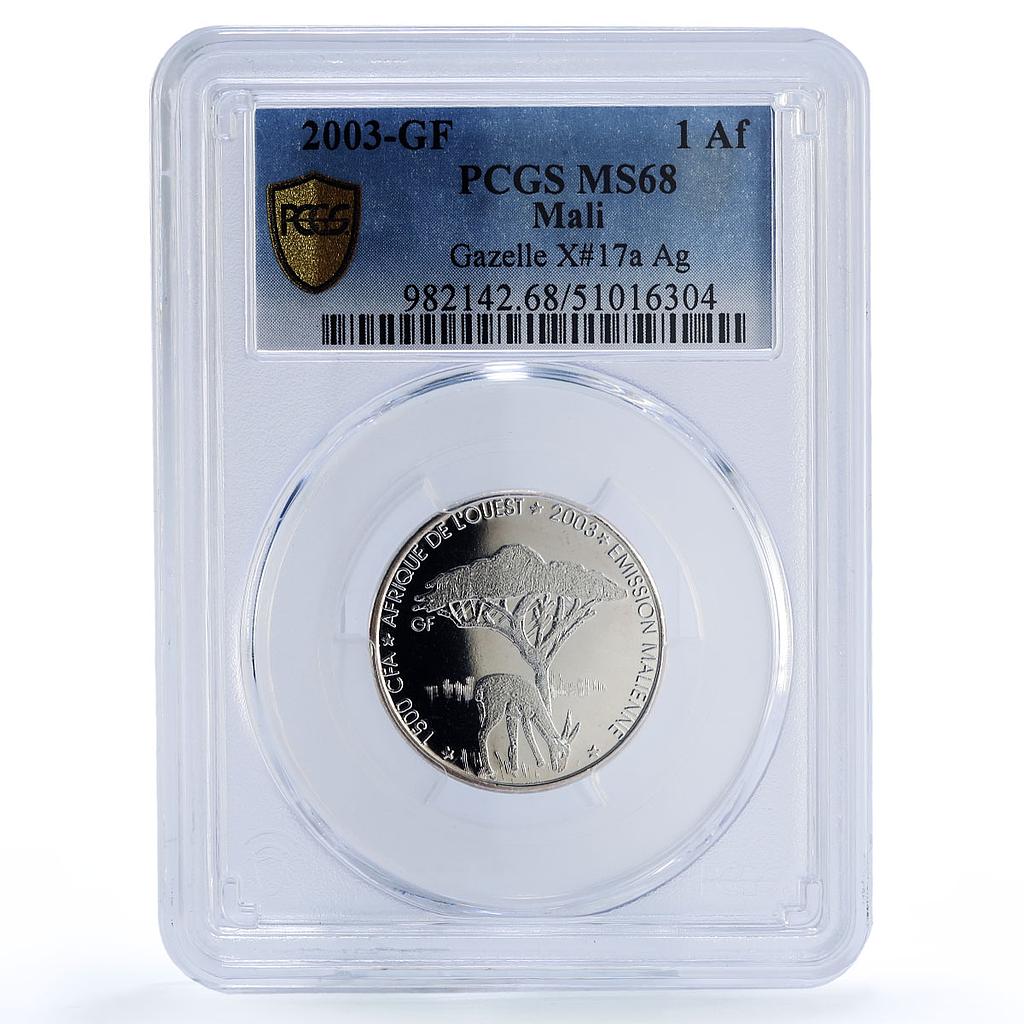 Mali 1500 francs Gazelle IDAO 1 Africa Elephant MS68 PCGS silver coin 2003