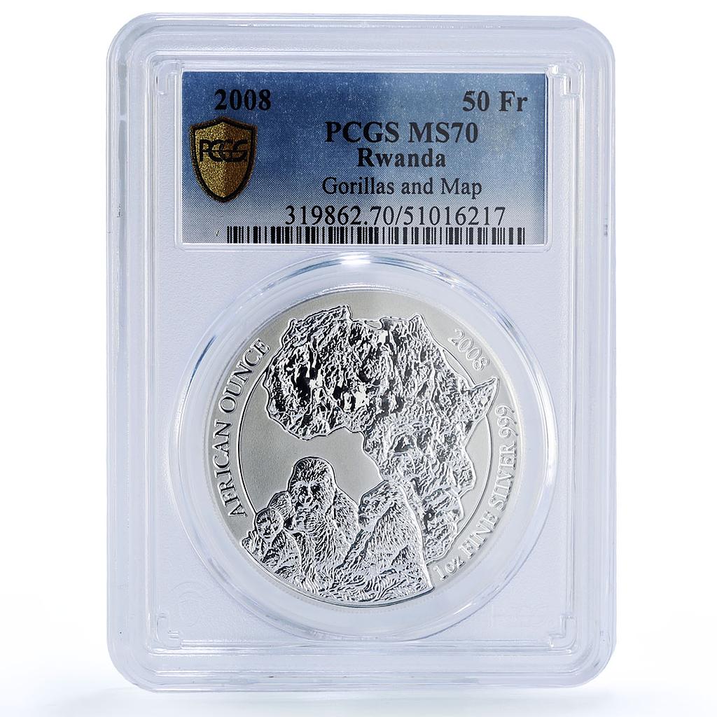 Rwanda 50 francs Gorilla African Ounce Wildlife Fauna MS70 PCGS silver coin 2008