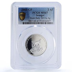Senegal 3000 francs Bush Baby IDAO 2 Africa Elephant MS67 PCGS silver coin 2003