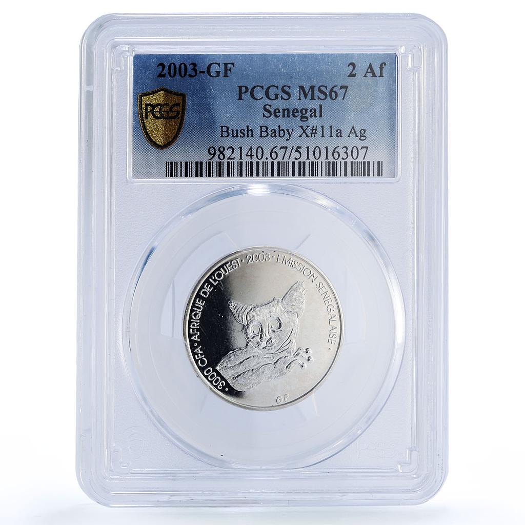 Senegal 3000 francs Bush Baby IDAO 2 Africa Elephant MS67 PCGS silver coin 2003
