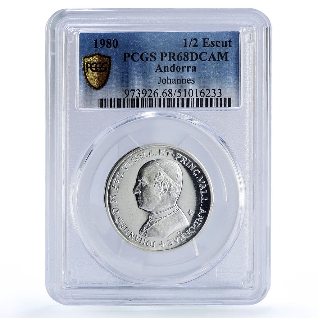 Andorra 1/2 escut 1500 diners Johannes Joan Latin Obv PR68 PCGS silver coin 1980