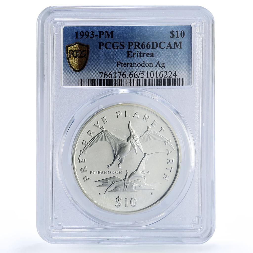 Eritrea 10 dollars Pteranodon Preserve Dinosaurs PR66 PCGS silver coin 1993