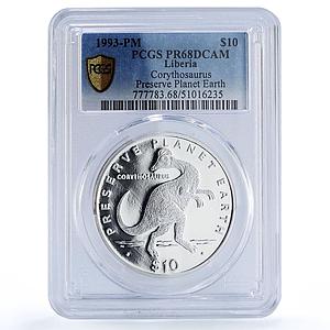 Liberia 10 dollars Corythosaurus Preserve Dinosaurs PR68 PCGS silver coin 1993