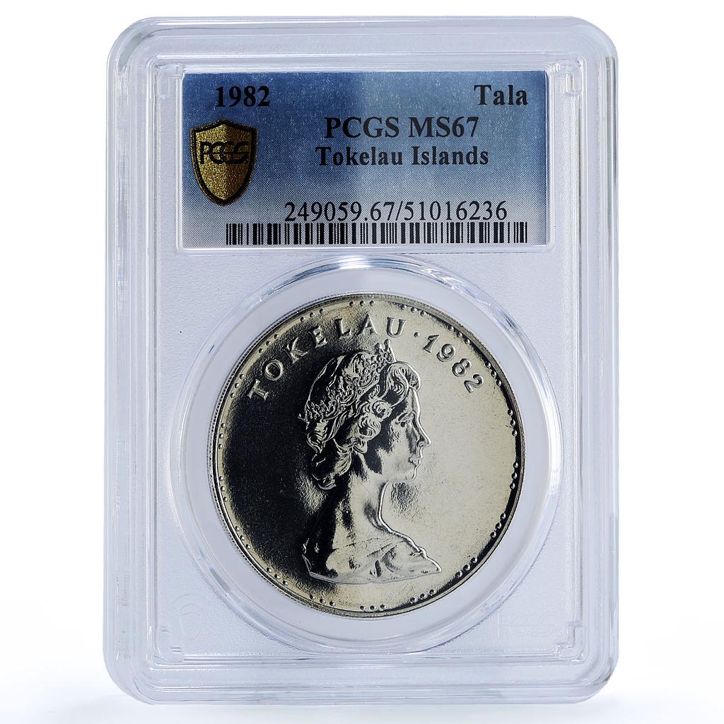 Tokelau 1 tala Man and Child Fishing Boat Ship MS67 PCGS CuNi coin 1982