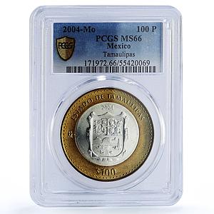 Mexico 100 pesos Estado Tamaulipas State Federation MS66 PCGS bimetal coin 2004
