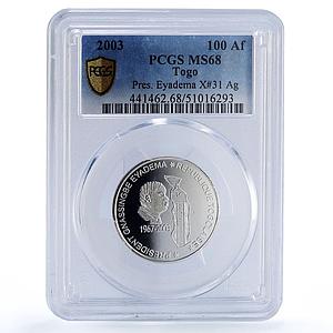 Togo 150000 francs Pres. Eyadema 100 Africa Elephant MS68 PCGS silver coin 2003