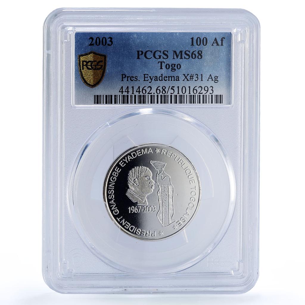 Togo 150000 francs Pres. Eyadema 100 Africa Elephant MS68 PCGS silver coin 2003