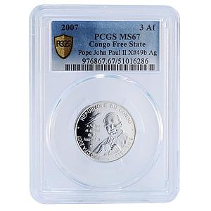 Congo 4500 francs John Paul II IDAC 3 Africa Elephant MS67 PCGS silver coin 2007