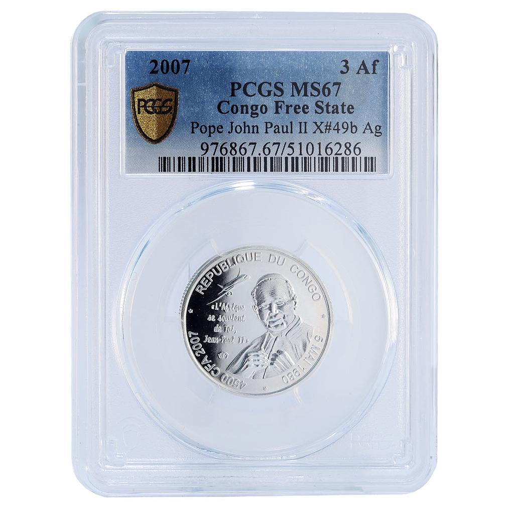 Congo 4500 francs John Paul II IDAC 3 Africa Elephant MS67 PCGS silver coin 2007