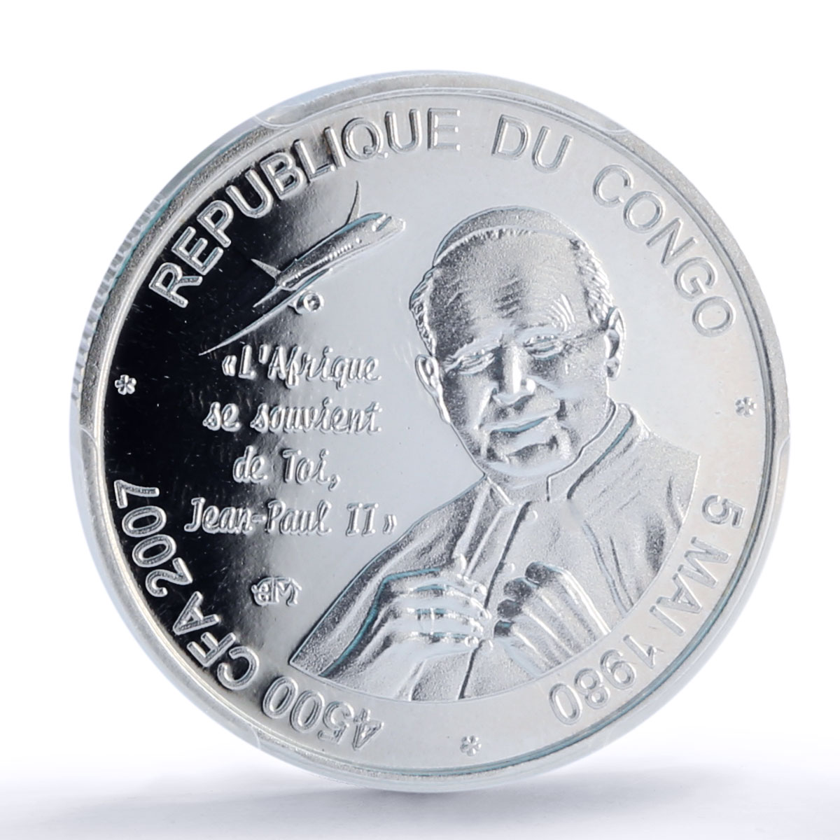 Congo 4500 francs John Paul II IDAC 3 Africa Elephant MS67 PCGS silver coin 2007