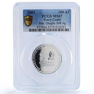 Ivory Coast 150000 francs Gbagbo 100 Africa Elephant MS67 PCGS silver coin 2003