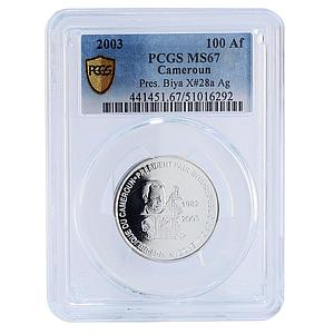 Cameroon 150000 francs Pres. Biya 100 Africa Elephant MS67 PCGS silver coin 2003